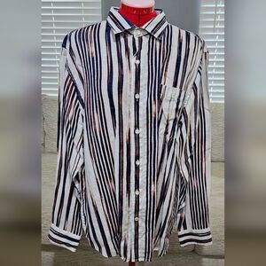 Tommy Bahama Linen Navy and Red Striped Long-Sleeved Buttoned Down Shirt
